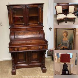 MaxSold Auction: This online auction features furniture such as a game table, antique Victorian rolltop desk, antique chairs, trunk, marble top cabinet, mahogany bed, potting bench, wingback recliner, chairs, cabinet, card table and more, wall art, glassware, Wedgwood dinner set, dessert set, serving ware, frames, vintage ephemera, books, vintage wall art, vintage toys, birdhouses, paper goods, carved wood statue from Goa, quilt, Andean sculpture, vintage handkerchiefs and much more!