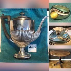 MaxSold Auction: This online auction features Sterling Silver Tea Set, Sterling silver cuff links, cases, Gold Jewelry, Tigers Eye, Fitness equipment, Fine china, Crystal Jewelry, Colognes, Antique Furniture, Demitasse, Electronics, Antique Clocks and Lanterns and much more.