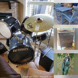 MaxSold Auction: This online auction features Westbury drum set, furniture such as coffee table, console tables, and glass top desk, horse riding gear, sports equipment, automotive tools, camping gear, gardening supplies, shelving units, canopy, men’s footwear, children’s toys, costume jewelry, HP printer, car parts, power tools, area rugs, framed wall art, office supplies, magazines, filing cabinets, laminate flooring and much more!