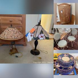 MaxSold Auction: This online auction features Glassware, Pottery, Kitchenware, Brass, Vacuums, Figures. Statues, Pyrex, Electronics, Corning ware, Ice Cream Parlor Chairs and table set, Flat-screen TV's, Arm Chairs, Area rugs, Garden Tools and much more.