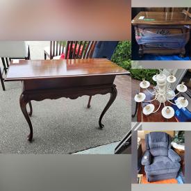 MaxSold Auction: This online auction features a headboard, night tables, vanity, Ethan Allen and other chairs, La-Z-Boy recliner chair, desk, armoires, dining table, dining chairs and more, art, fur stole, rugs, Tom Thomson prints, pillows, mirrors, CDs, wood decor, jade carving, sake set, dolls, Royal Toganna china, decor, statues, books, kitchenware, Pottery Barn mobile and much more!