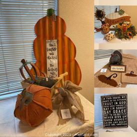 MaxSold Auction: This online auction features Fall Decorations, Lamps, Quote Box Signs, Fabric Pumpkins, Halloween Decorations, Wood Signs, Floral Arrangements, Garden Stakes, Wreaths, Turkey Statues, Metal Signs and much more.