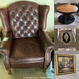 MaxSold Auction: This online auction features furniture such as a TV stand, Queen bed, Bombay night table, console table, coffee table and more, mirrors, lamps, tools, rugs, golf bag, art prints, Tiger Woods print, golf awards, books, kitchenware, golf bag and much more!