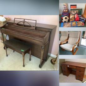 MaxSold Auction: This online auction features furniture such as a cedar chest, dressers, utility cabinet, plastic storage, Ikea POANg chairs, vintage wooden chair, futon, table and chairs, occasional table, Swivel rocker, sofa, armchair, glider chair, bunk bed and more, office supplies, sewing supplies, Kodak and other cameras, holiday decor, frames, lamps, Royal Stafford, Royal Albert, Adderley, Royal Trent, Colclough and Royal Chelsea teacups, cleaning supplies, games, books, toys, Yamaha keyboard, lamp, Williams piano, ladder, sterling, Corelle dishes and much more!