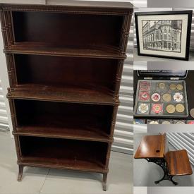 MaxSold Auction: This online auction features a wood bookcase, vintage posters, hats and accessories, vintage wood school desk, shelf, vintage picture, photo lamps, vintage ad, Connie Mack stadium picture, vintage iridescent china and much more!