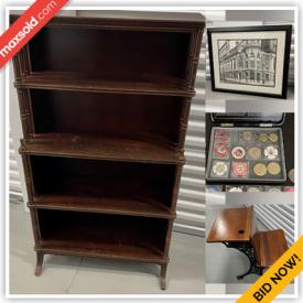 MaxSold Auction: This online auction features a wood bookcase, vintage posters, hats and accessories, vintage wood school desk, shelf, vintage picture, photo lamps, vintage ad, Connie Mack stadium picture, vintage iridescent china and much more!