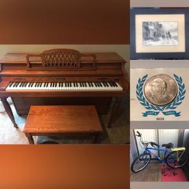 MaxSold Auction: This online auction features Baldwin piano, power chair, furniture such as antique desk, antique dresser, and antique blanket chest, cleaning supplies, antique suitcase, lamps, vintage bike, costume jewelry, bike rack, antique oil painting, vintage wall art and much more!