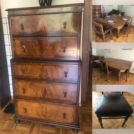 MaxSold Auction: This online auction features an Antique Scottish Victorian Oak Jacobean Carved Dining Table with 4 Chairs and Victorian Walnut Brass Bound Campaign-Style Chest.