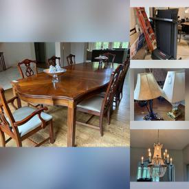 MaxSold Auction: This online auction features furniture such as dining tables, dining chairs, nightstand, sofa table, and media cabinet, chandelier, area rugs, window treatments, lamps, home decor, framed wall art, ceramics, NIB shelving, small kitchen appliances and much more!