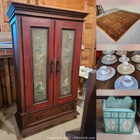 MaxSold Auction: This online auction features furniture such as ghost chairs, armoire, patio furniture, upholstered chairs, game table, sofa table, bed frame and more, lamps, paddle, skis, wall sconces, valley ball, teacups, fine china such as Johnson Bros, Bavaria, Noritake and much more!