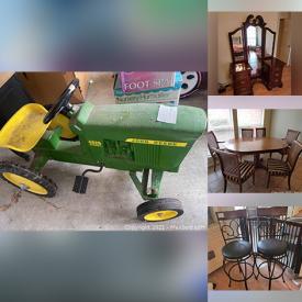 MaxSold Auction: This online auction features a dining table and chairs, vintage sofa, coffee table, end table, vintage vanity, chairs, coffee table, school desk, Henredon buffet, rocking chair, patio furniture, chaise and more, Dirt Devil steamer, John Deere pedal tractor, Barbie car, puzzles, bed rails, books, area rugs, figurines, ironing board, clothing, linens, entertainment center, fireplace tools, Gibson china, Mikasa china, glassware, Christmas decor and much more!