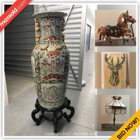 MaxSold Auction: This online auction features Large Chinese Floor Vase, Antique China Cabinet, Antique Waterfall Vanity, Bakers Rack, Commercial Display Stands, Porcelain Doll, Vintage Stained Glass Lamp, Trisha Romance Prints and much more!