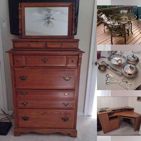 MaxSold Auction: This online auction features furniture such as etageres, table and chairs, chest of drawers, patio seating, dresser, bedframes, corner desk, wicker chair and more, Legos and other toys, lamps, scarves and gloves, mirror, art, glassware and much more!