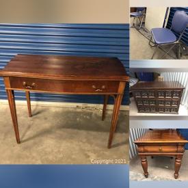 MaxSold Auction: This online auction features Contents of Storage Unit including Spanish hand-carved drawer front bedroom set, 1969 Thomasville Dining Room Table, 1950’s Retro enamel and chrome table with chairs, Singer sewing machine in cabinet with chair and much more!