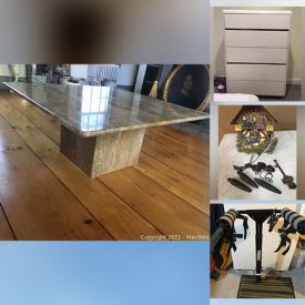 MaxSold Auction: This online auction features Antique Red Lantern, Dining Chairs, Floor Lamps, Vintage Wing-Back Arm Chair, Vintage Ladder, Vintage Hand-Painted Bed, Sibiu Wool Area Rug, Antique Drop Leaf Dining Table, Buffet Cabinet, Vintage Velvet Sofa, Brass Candlesticks and much more!