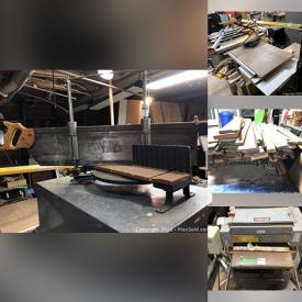 MaxSold Auction: This online auction features an Excalibur table with saw guard, large lots of lumber, wood planks and sheets, workbench, filing cabinets, toolboxes, hand tools, power tools such as a 6" jointer, Mastercraft drill, router, roofing nailer, belt and disc sander, Ridgid belt sander, sprayer, tile saw, heat tools and much more, hardware, air hose, shop table, car jack, clamps, handyman items, garage tools, metal shelving, Tecumseh tiller, support pipes, gas cans, extension ladder, Motomaster power pack, ladders, rope, solar lighting, banquet tables, folding chairs, scrap metal, solar heating mats, Mecanaids ambulift, floor tiles, lighting fixtures, etching plates, plexiglass, metal snowshoes and much more!