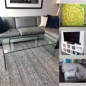 MaxSold Auction: This online auction features furniture such as sectional sofa, wood dining table, studded upholstered chairs, coffee table, benches, and bed frames, wall art, 46” Samsung TV and much more!