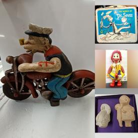 MaxSold Auction: This online auction features Vintage Metal Lunch Boxes, Cast Iron Toy, Shell Necklaces, Art Glass, German Steins, Crocheted Blankets, Collector Plates, Wall Mask, Costume Jewelry, Crystal Bells, Wood Carvings, Vintage Frankoma Pottery, Fishing Gear and much more!