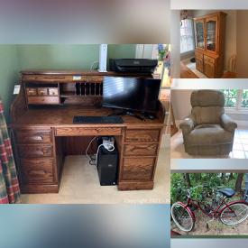 MaxSold Auction: This online auction features furniture such as roll-top desk, curio cabinet, loveseat, pedestal tables, and recliner, planters, framed wall art, ladies bicycles, gardening tools, DVDs, area rugs and much more!