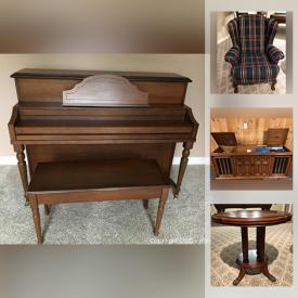 MaxSold Auction: This online auction features a Sherlock-Manning piano, Howard Miller grandfather clock, crystalware, Royal Standard china, silver tea set, lamps, cushions, wall art, handmade boat model, Corningware, furniture such as a corduroy chair, curio cabinet, end table, floral loveseat, coffee table, Skylar dresser and much more!