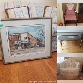 MaxSold Auction: This online auction includes furniture such as Chateau Laurier vintage chair, display cabinet, dining table and chairs, upholstered sofa, coffee table, and shelving units, home decor, area rugs, lamps, original signed art, golfing equipment, Technics speakers and more!