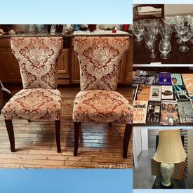 MaxSold Auction: This online auction features collectible nic nacs, serving ware, misc. items, glassware, books, handbags, marble end table, bedroom furniture, chairs, rugs, luggage's, patio furniture and much more!