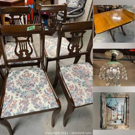 MaxSold Auction: This online auction features furniture such as Duncan Phyfe drop leaf table, harp back chairs, antique pine table, and cedar chest, antique sconces, lamps, ceiling fixtures, signed watercolours, pewter ware, clocks, brassware and much more!