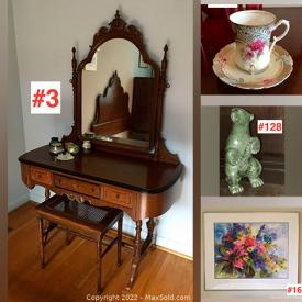 MaxSold Auction: This online auction features Mahogany Dining Room Furniture, Teacup/Saucer Sets, Cranberry Glass, Collector Plates, Vintage Toys, Oil Lamps, Art Pottery, Folk Art Carvings, Art Glass, Inuit Soapstone Carvings & Lithographs, Area Rugs, Joan Jamison Watercolours, Antique Glass Insulators, Antique Horse Brasses, Souvenir Spoons, Antique Transfer Ware, Vintage Books & Postcards, Cuckoo Clocks, LPs, Vintage Pram and much more!