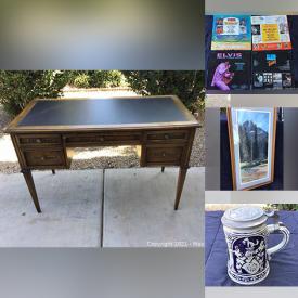 MaxSold Auction: This online auction features a Sligh leather top desk, curio cabinet, silver lidded jar, beer steins, collectible miniatures, Pokemon cards, books, jewelry, Bonnie Mars signed print, clogs, chess set, antique stein, Elvis vinyl and much more!