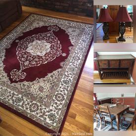 MaxSold Auction: This online auction features Pine Ridge Dining Furniture, Area Rugs, David Rubel Original Art, Hand-carved Wooden Bench, Stacked Folding Shelves, Baker’s Rack and much more!