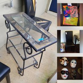 MaxSold Auction: This online auction features furniture such as a bench, curved drawers, tables, shelf unit and more, cut glass, home decor, masks, baskets, insulated mugs, electronics, serving pieces, books, dinnerware, artwork by K. Knowles and much more!