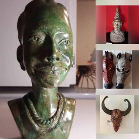 MaxSold Auction: This online auction features African-themed art and carvings such as artwork, vintage wood masks, Batik hanging art, Zulu art, wood carvings, Malachite busts, zebra decor, wood side table, Ghana fertility doll, antique clay pot, platters, cushions, drums and much more!