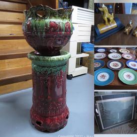 MaxSold Auction: This online auction features furniture such as a Victorian children's washstand, folding chairs, Bowden chair, MCM style glass and brass tables, antique Chrome Z table, Pier one wicker side table, antique Victorian walnut rocking chair and more, wooden doll cradle, pottery, decor, toys, vintage watercolor, handmade Adirondack style lamp, accessories, silverplate trivets, wall decor, Christmas and Easter decor, Remo spring drum, vintage wool hanging, Brookstone massager, Singer serger, electronics, lamps and much more!