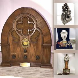 MaxSold Auction: This online auction features Collector Plates, Framed Wall Art, Vintage Carved Pieces, Bar Mirrors, Vintage Sessions Clock, Vintage Games, Stamps, Bossons Chalkware Heads, Antique Ice Skates, Decanters, Jewelry and much more!