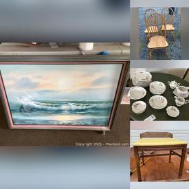 MaxSold Auction: This online auction features a Noritake china, Royal Heidelberg china, stemware, French Saxon china, linens, frames, glassware, HO and Lionel trains, baskets and vases, wall art, Christmas decor, furniture such as side tables, coffee table, vanity stool and much more!