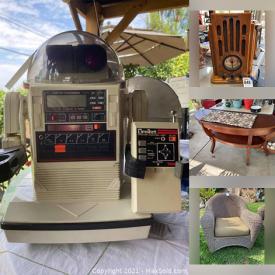 MaxSold Auction: This online auction features furniture such wicker patio chairs, ottoman, vintage wall table, hound dog side tables, Bassett hutch and more, floor lamp, plastic tool shed, portable BBQ, smoker, regulator wall clock, Omnibot computer robot, carved wood brackets, hardware, tools, manual vintage typewriter, camping items, Fear Factor memorabilia, kitchenware, small kitchen appliances, railroad train and toys, vintage flask, metal collectibles, comics, clothing, Christmas decor, lamps, laser kit, weather tracker, maps and much more!