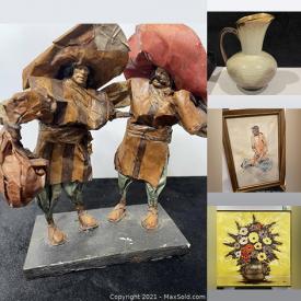 MaxSold Auction: This online auction features F.de Villeneuve lithograph, signed original drawings, oil on board, art deco and more, carved glass, vintage moldings, hurricane candle holders, mirror, kakeshi doll, paper art, vases and much more!