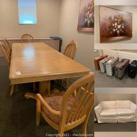 MaxSold Auction: This online auction features Lenox, 40” Sony TV, furniture such as Thomasville expansion table with chairs, platform bed, loveseat, shelving unit, and Ethan Allen side chair, home decor, framed art, luggage, board games, fabric, children’s toys, DVDs, holiday decor, lamps, Yamaha keyboard, iPads, Wii console, bicycles, garden tools, area rugs and much more!