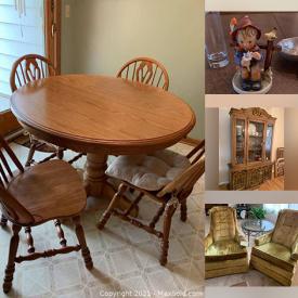 MaxSold Auction: This online auction features Hummel, antique oil lamps, furniture such as office desks, cabinets, dinette set, hutch, and coffee tables, fall decor, cookware, Christmas decor, small kitchen appliances, household tools, barware, wall art and much more!