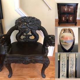 MaxSold Auction: This online auction features antique Chinese carved chairs, antique inlaid Chinese lacquer bar, antique brass coffee service, antique hand-painted Nippon vase, tiger oil painting and much more!