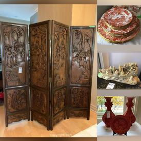 MaxSold Auction: This online auction features a carved Asian wood screen, painted Asian-themed stands, statues, wood decor, decorative plates, glass and metal decorative bottles, decorative eggs, carved house, Royal Crown Derby plates and dishes, Royal Doulton, silverplate and much more!