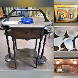 MaxSold Auction: This online auction features Vintage Electric Dayton Dual Polisher & Weller Sander, Tool Chest, Hand Tools, Japan-China Creative Manor & Fine Staffordshire England China Dish Set, MCM & Vintage Mahogany Wood Tea Cart, Vanity, Tobacco Humidor, TV Tray Stand, Handcrafted ASH Tables, Tribal Folk ART Carved Wood Figure, Signed Framed ART, Sewing Machines, Display Rack, Antique Handmade Rocking Baby Cradles, Collectibles, 22k Plates & Silver Rim Glassware, Quilting Books and much more.