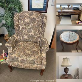 MaxSold Auction: This online auction features furniture such as a coffee table, side table, matching recliners, French-style loveseat, desk, lateral file cabinet, and more, whiteboard, HP printer, Hailer refrigerator, artificial palm tree and much more!