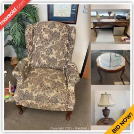 MaxSold Auction: This online auction features furniture such as a coffee table, side table, matching recliners, French-style loveseat, desk, lateral file cabinet, and more, whiteboard, HP printer, Hailer refrigerator, artificial palm tree and much more!