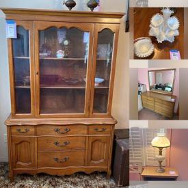 MaxSold Auction: This online auction features furniture such as a two-tiered end table, china cabinet, Queen headboard, MCM dressers, table, chairs and more, quilts, Minolta camera, Kirby vacuums, wall decor, vintage tray, converted oil lamps, Mahjong set, Dresden figures and much more!