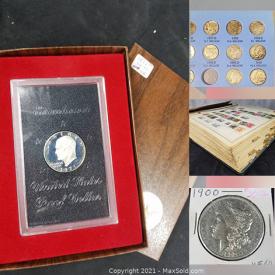 MaxSold Auction: This online auction features Coins such as Mercury Head Dimes, Morgan Silver Dollars, U.S. Penny, PROOF Eisenhower Silver Dollar Coins, and China Stamps, Babe Ruth Art Cards & Stamps, Stamp Collection featuring Chines, World, US, Vintage, and Gold Proof Bullion Coin and much more!