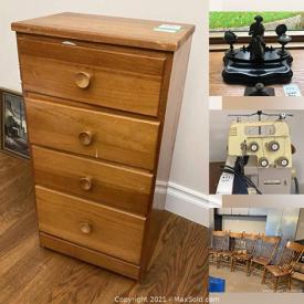 MaxSold Auction: This online auction features furniture such as an occasional table, rocking recliner, armchairs, bookcases, table, antique rocking chair, vintage desk, vintage table, dresser, chairs, vintage cabinet and more, fabric, sewing notions, Janome cover stitch machine, Bernette serger, L. M. Montgomery books, rugs, ladders, yard tools, wall art, mirror, linens, vintage prints, teacups, Limoges platter, suncatcher, art materials, small kitchen appliances, sterling, jewelry, typewriters and much more!