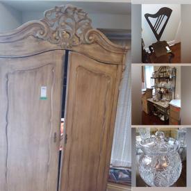 MaxSold Auction: This online auction features furniture such as chairs, end tables, king bed frame, antique armoire, chair sculptures, sofa, baker's rack and more, glassware, dishware, Baccarat decanter, Waterford crystal, serving dishes, coats, china, sconces, mirrors, lamps, lithographs and much more!