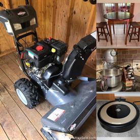 MaxSold Auction: This online auction features furniture such as a table, chairs, barstools, media console, Bauhaus sofa, upholstered chairs, china cabinet, shelving units, nightstands, dressers, cabinet, bed frames and more, wheelbarrow, Briggs and Stratton snowblower, string trimmer and other yard care tools, cooler, Dyson fans, Roomba vacuums, Casio keyboard, workout bench, exercise bike, lamps, curtains, Samsung TV, Kitchenaid stand mixer and much more!