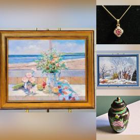 MaxSold Auction: This online auction features costume jewelry, Christmas jewelry, cloisonne vases, art books, oil on board paintings by Judy Brill, Mantovani, Giovanni and more, sterling silver jewelry, handpainted trinket box, religious jewelry, pearls and much more!